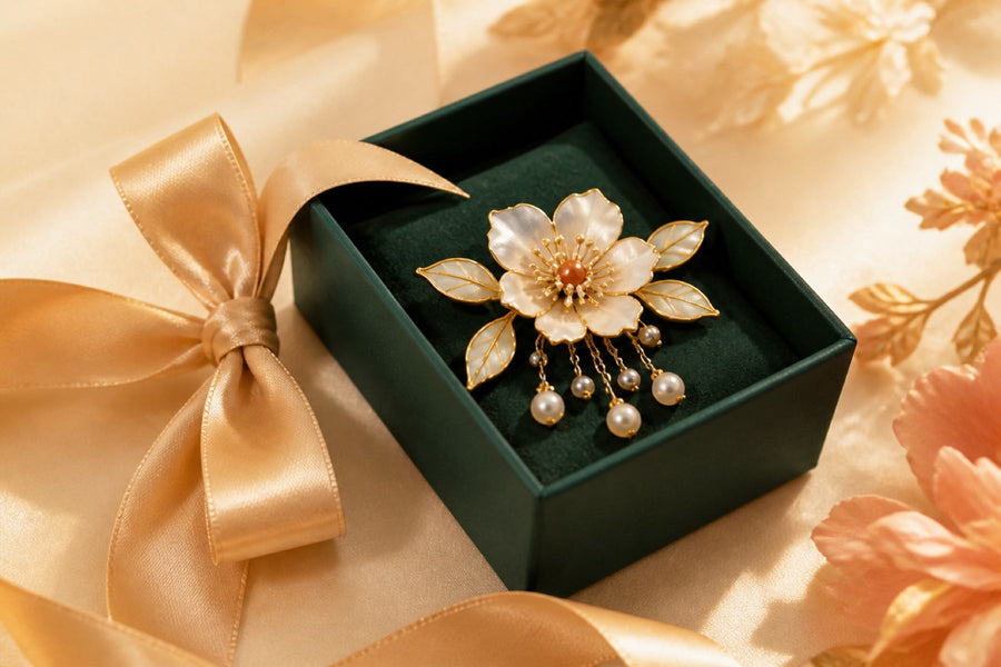 HUAVELLE silk flower jewelry presented as a gift