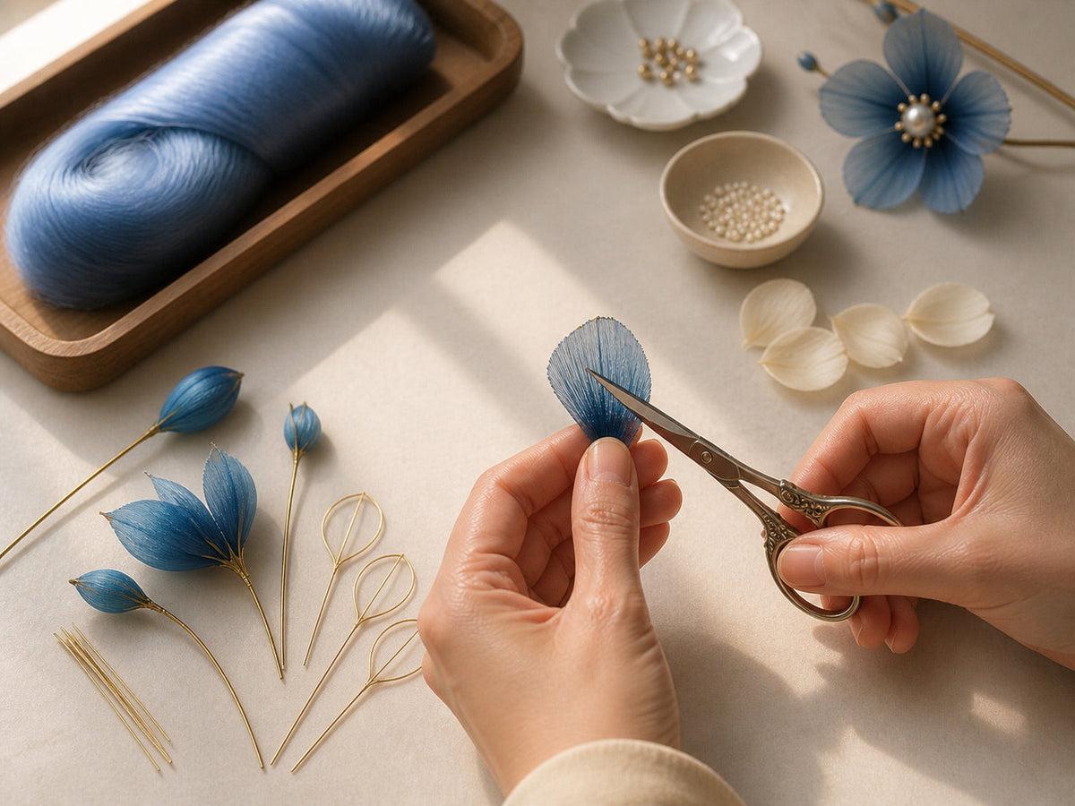Artisan trimming teal silk petals for Ronghua jewelry