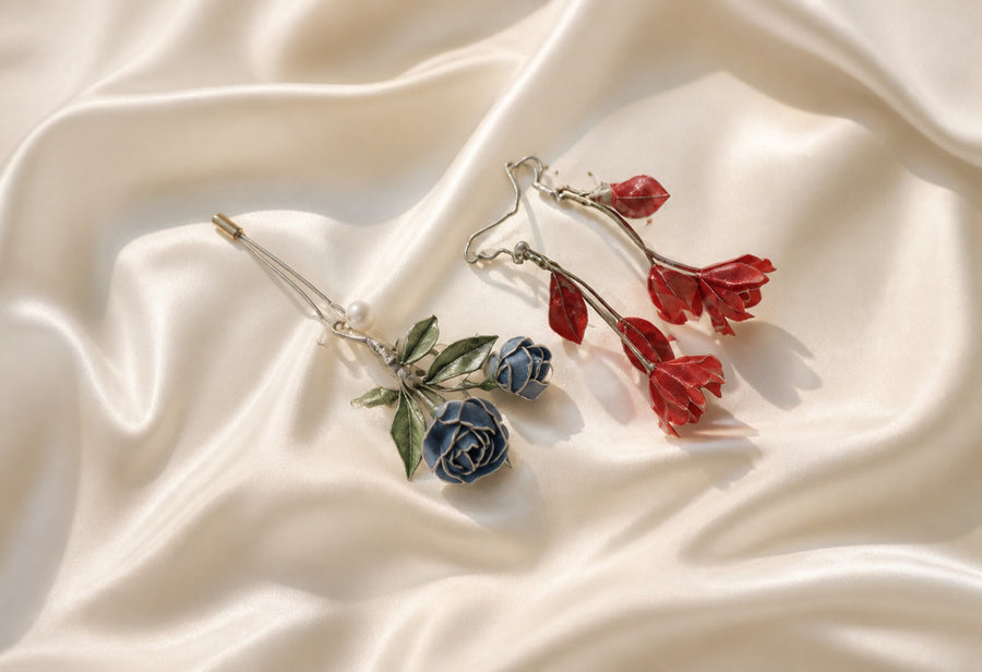 Silk flower jewelry shown in soft natural light