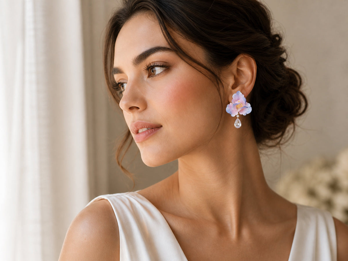 Blush blue iris Ronghua earring styled for a wedding