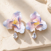 Pair of blush blue iris Ronghua earrings with clear zircon drops
