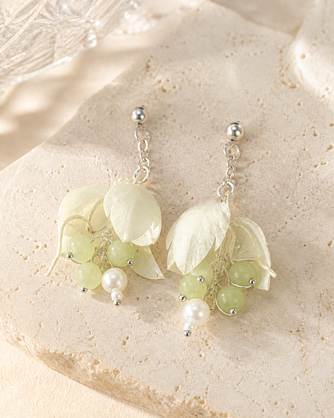 HUAVELLE Green Grape Ronghua silk flower earrings on warm ivory stone