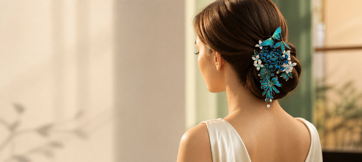 HUAVELLE teal butterfly Ronghua hair ornament worn on an elegant low bun