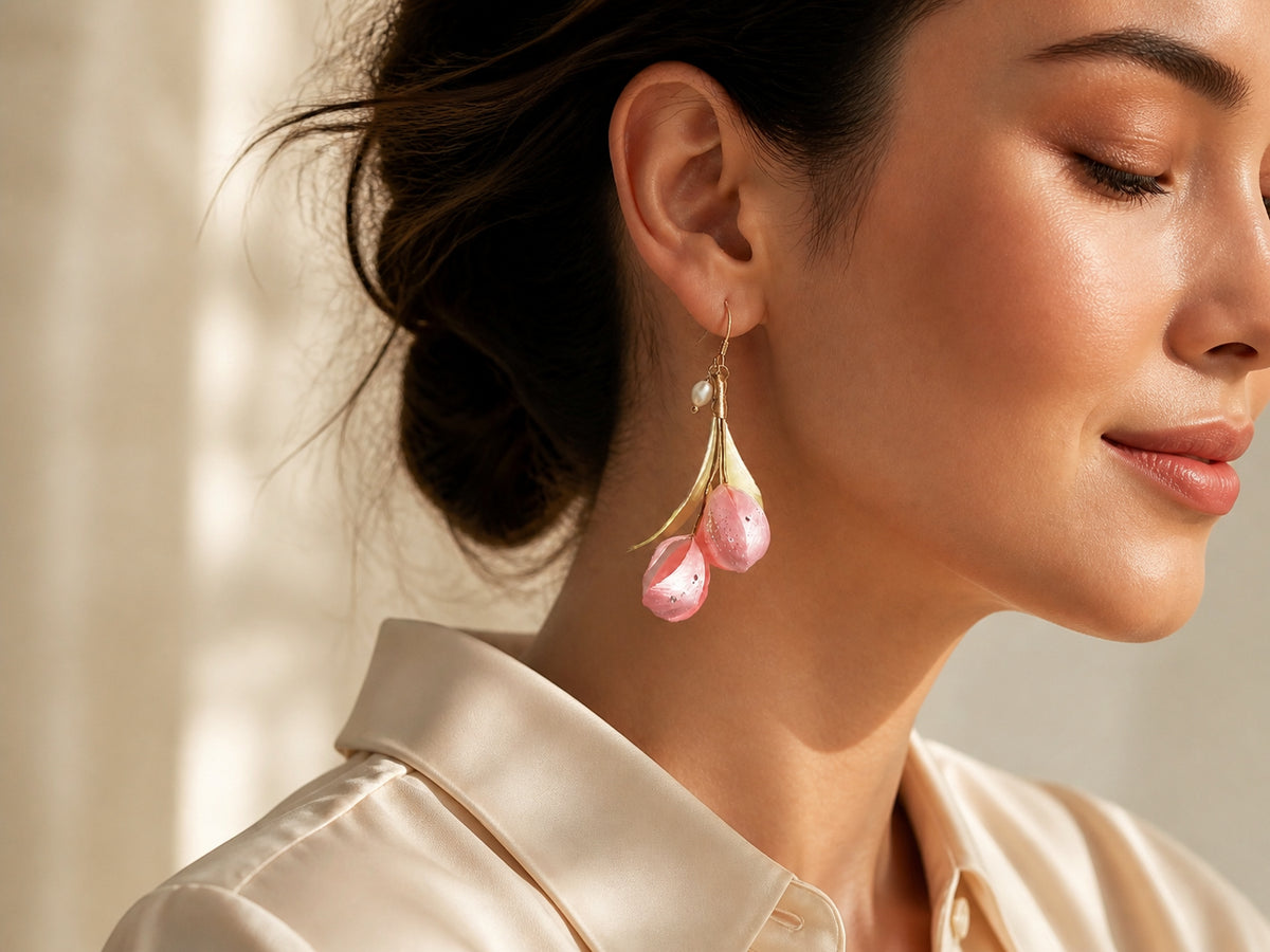 Pink peony Ronghua earrings shown at true worn scale