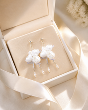 HUAVELLE White Jasmine Ronghua earrings in a cream jewelry gift box