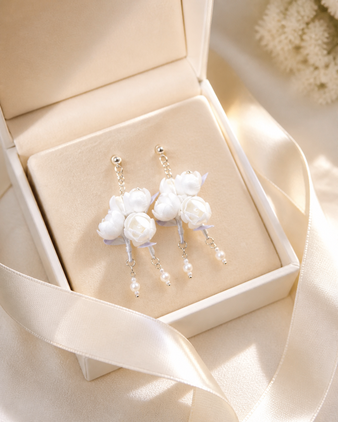 HUAVELLE White Jasmine Ronghua earrings in a cream jewelry gift box