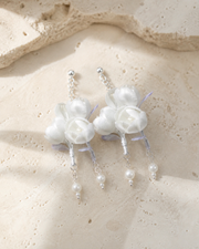 HUAVELLE White Jasmine Ronghua silk flower earrings on warm ivory stone