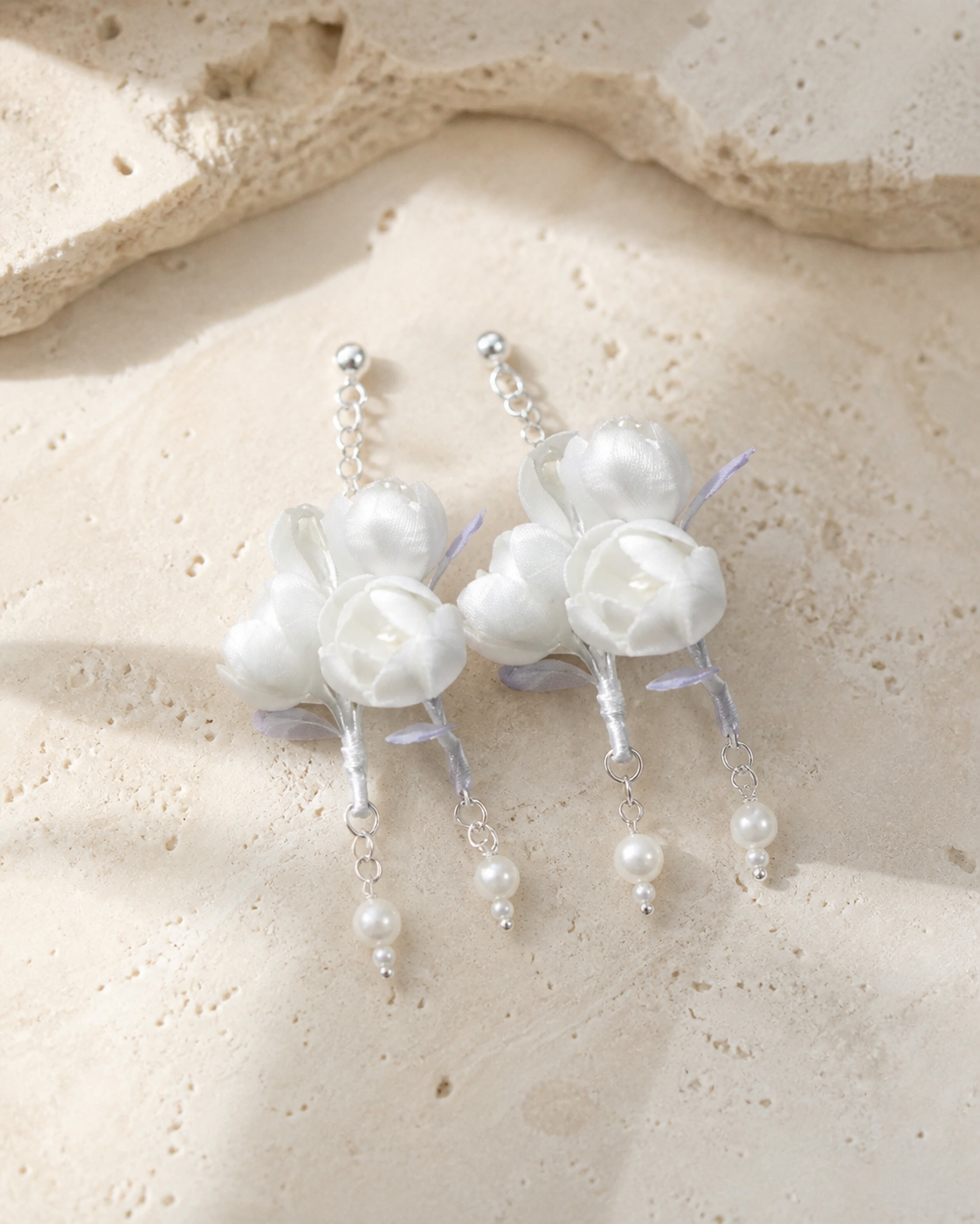 HUAVELLE White Jasmine Ronghua silk flower earrings on warm ivory stone