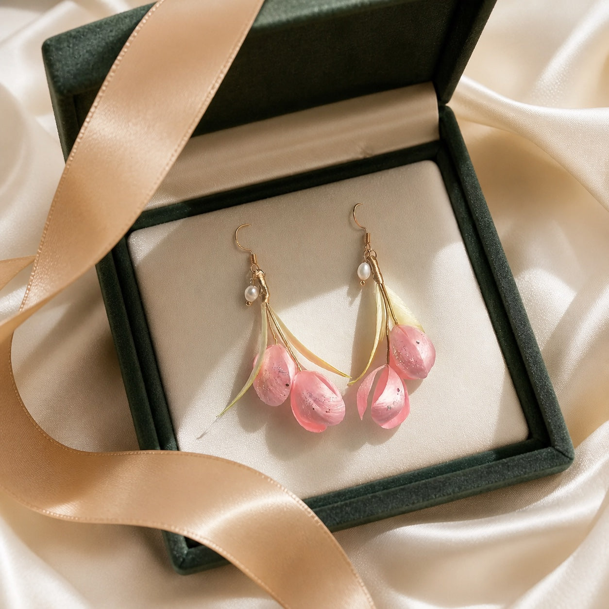 Pink peony Ronghua earrings in a green gift box