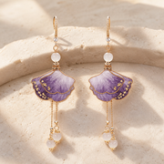 HUAVELLE Purple Ginkgo hand-shaped silk flower drop earrings on ivory stone