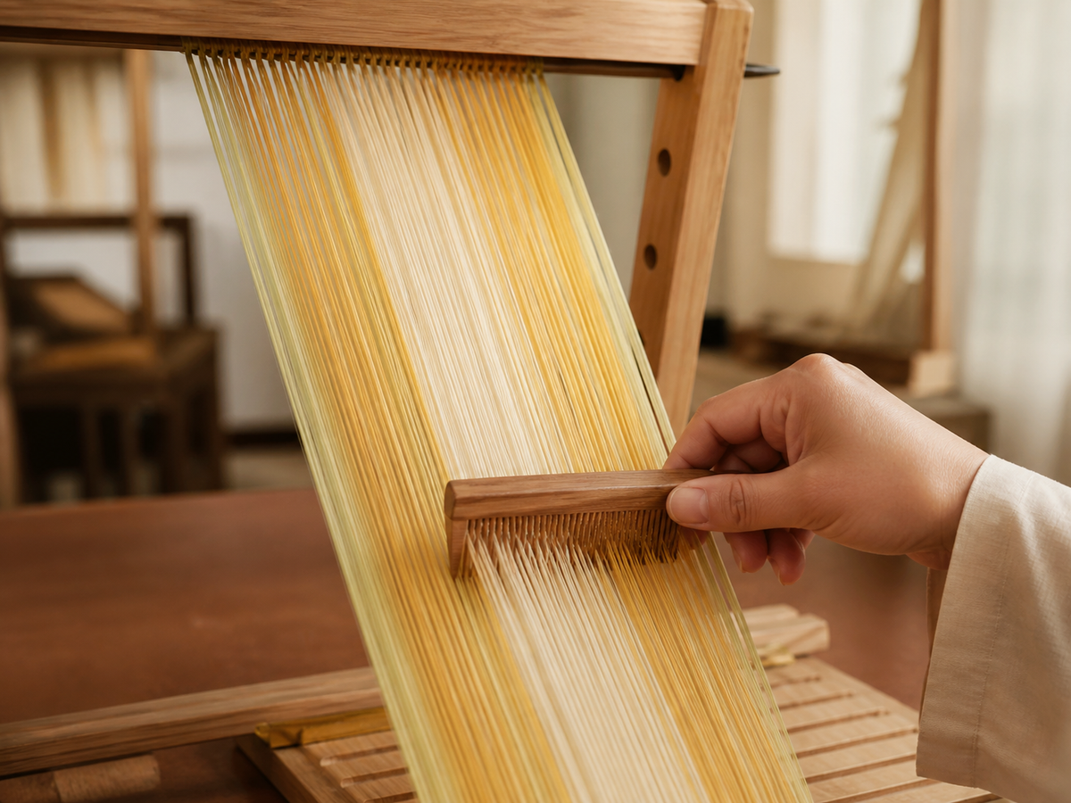 Artisan combing dyed mulberry silk fibres on a wooden frame