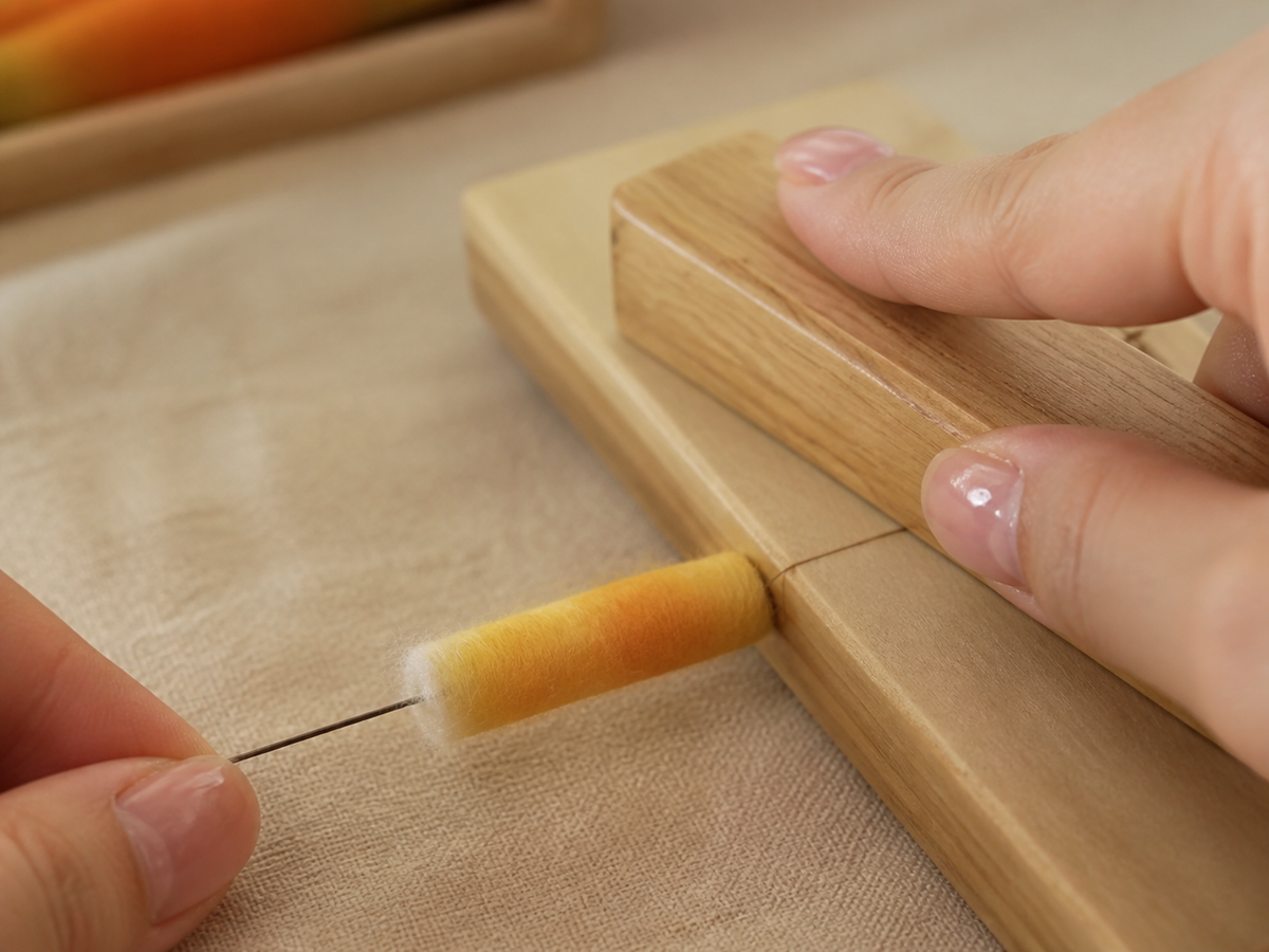 Artisan rolling a straight, softly fluffy cylindrical Ronghua velvet strip around fine wire