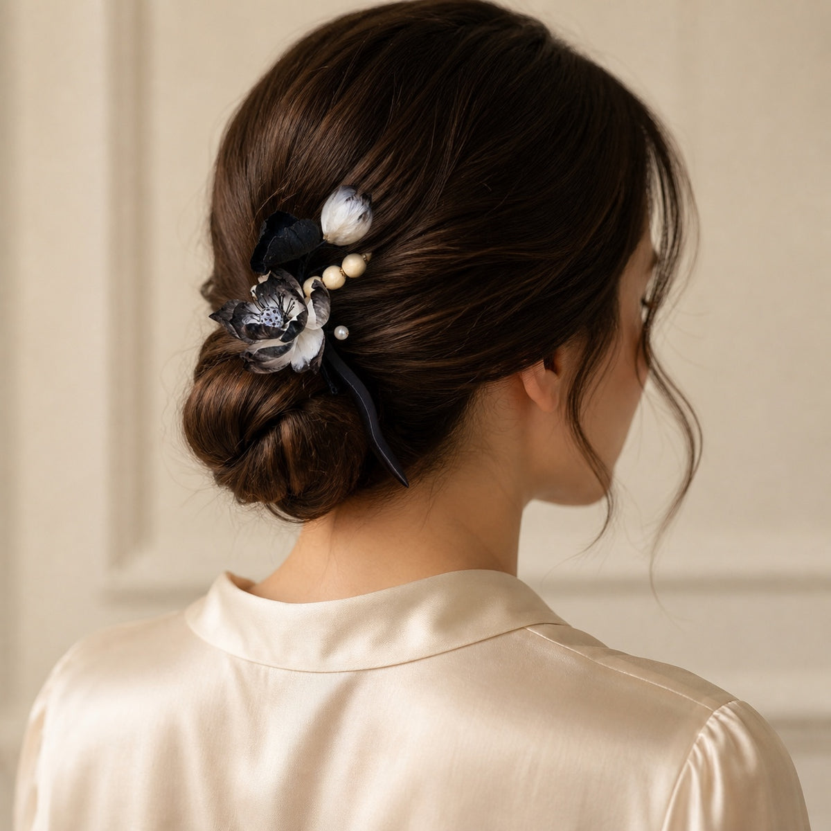 Woman wearing one black-and-white Ink Lotus Ronghua hairpin in a low bun