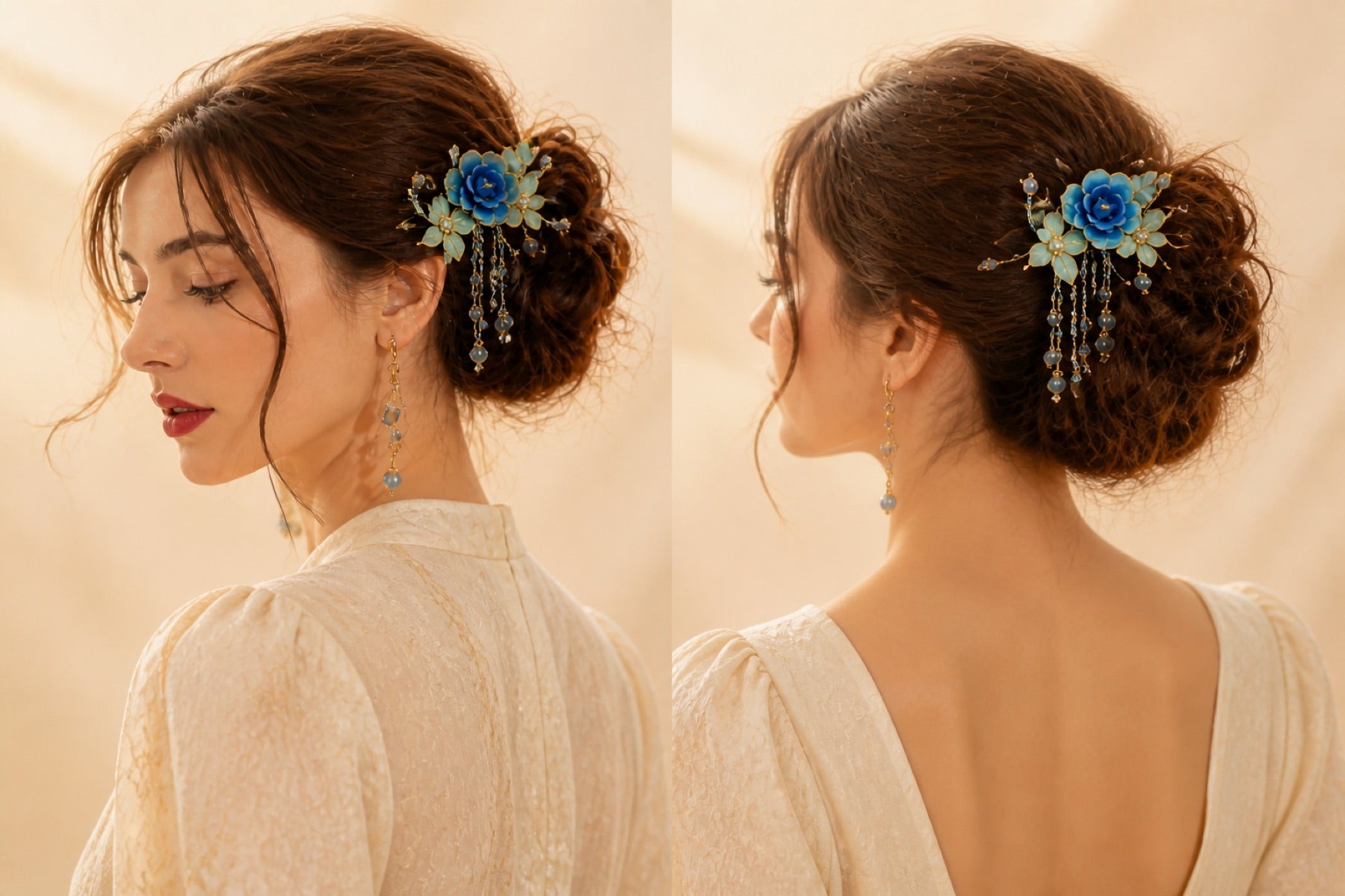 Woman wearing modern silk flower jewelry with a blue dress