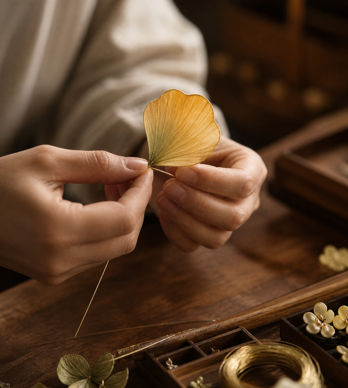 Artisan hand shaping a silk ronghua petal